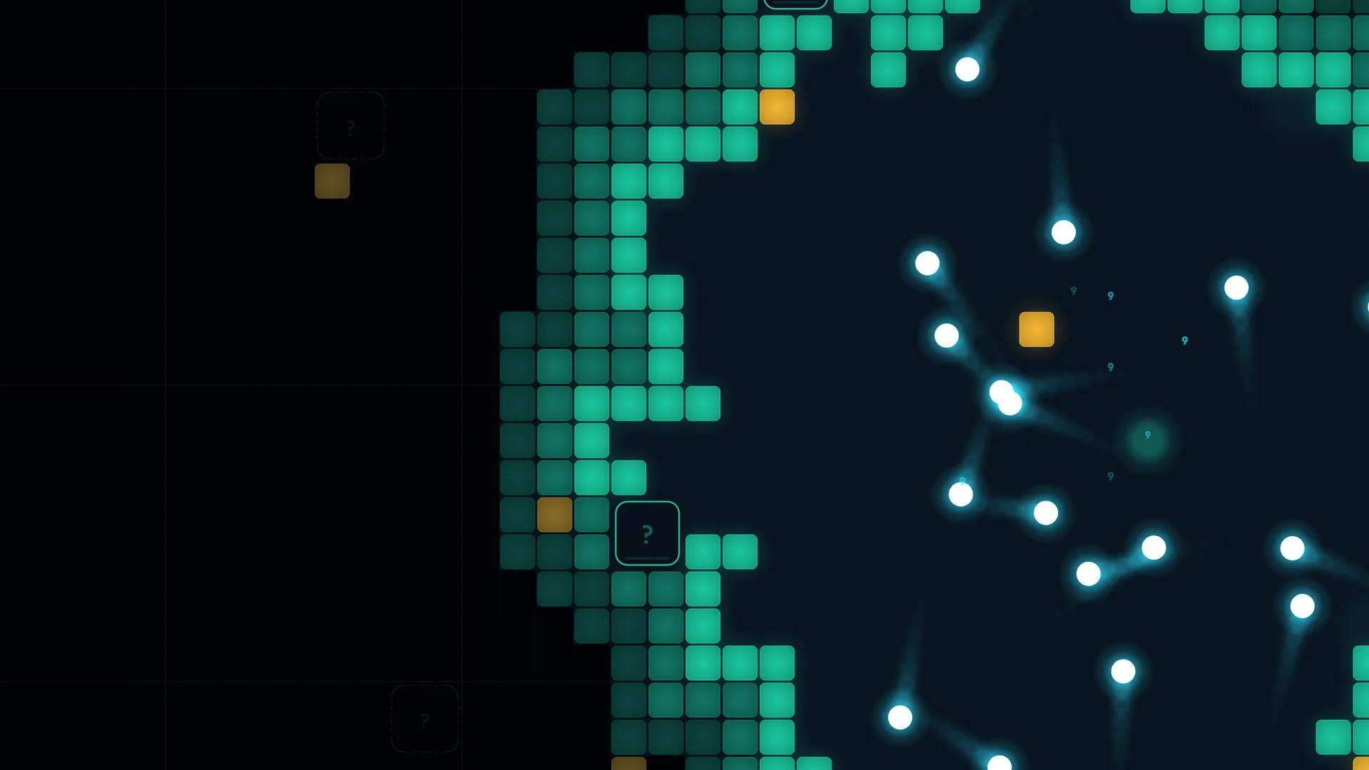 Close-up of glowing balls bouncing inside a ring of green tiles, leaving light trails behind them