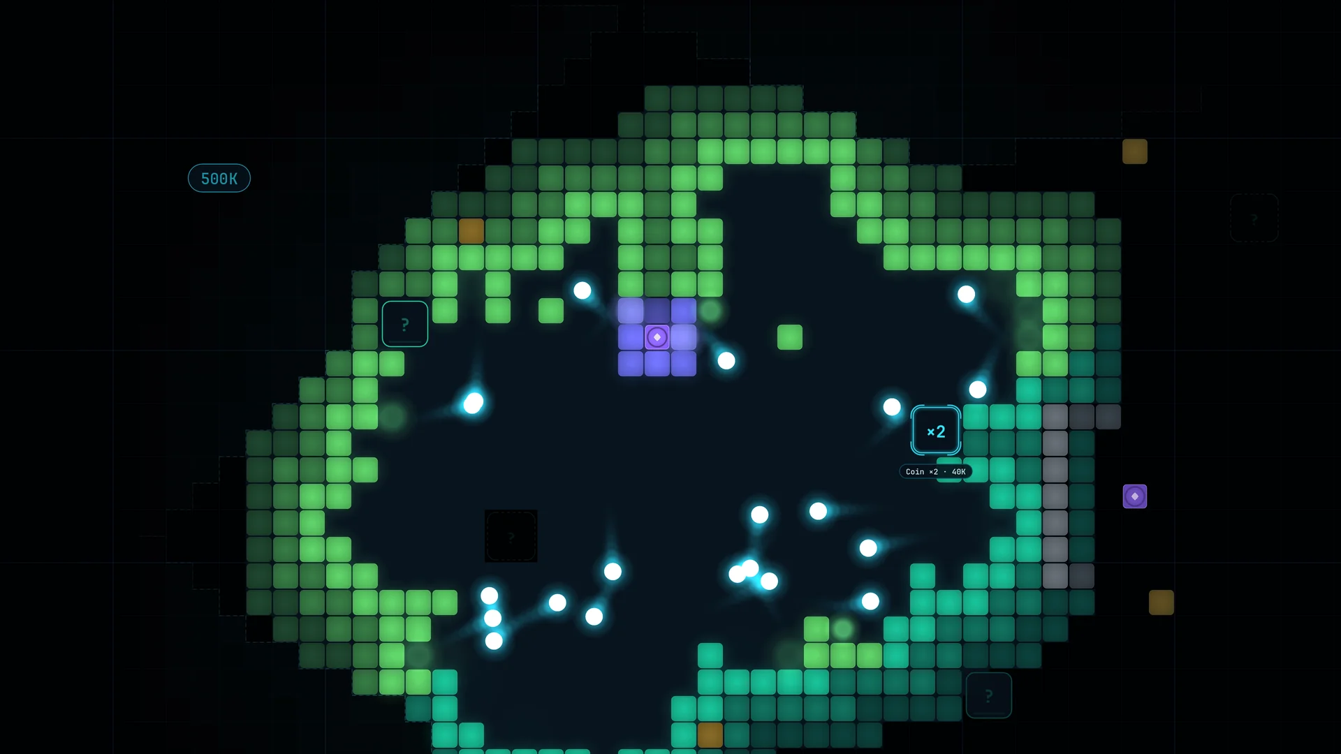 A grown playfield with dozens of balls, a purple upgrade tile and a coin x2 upgrade waiting to be bought