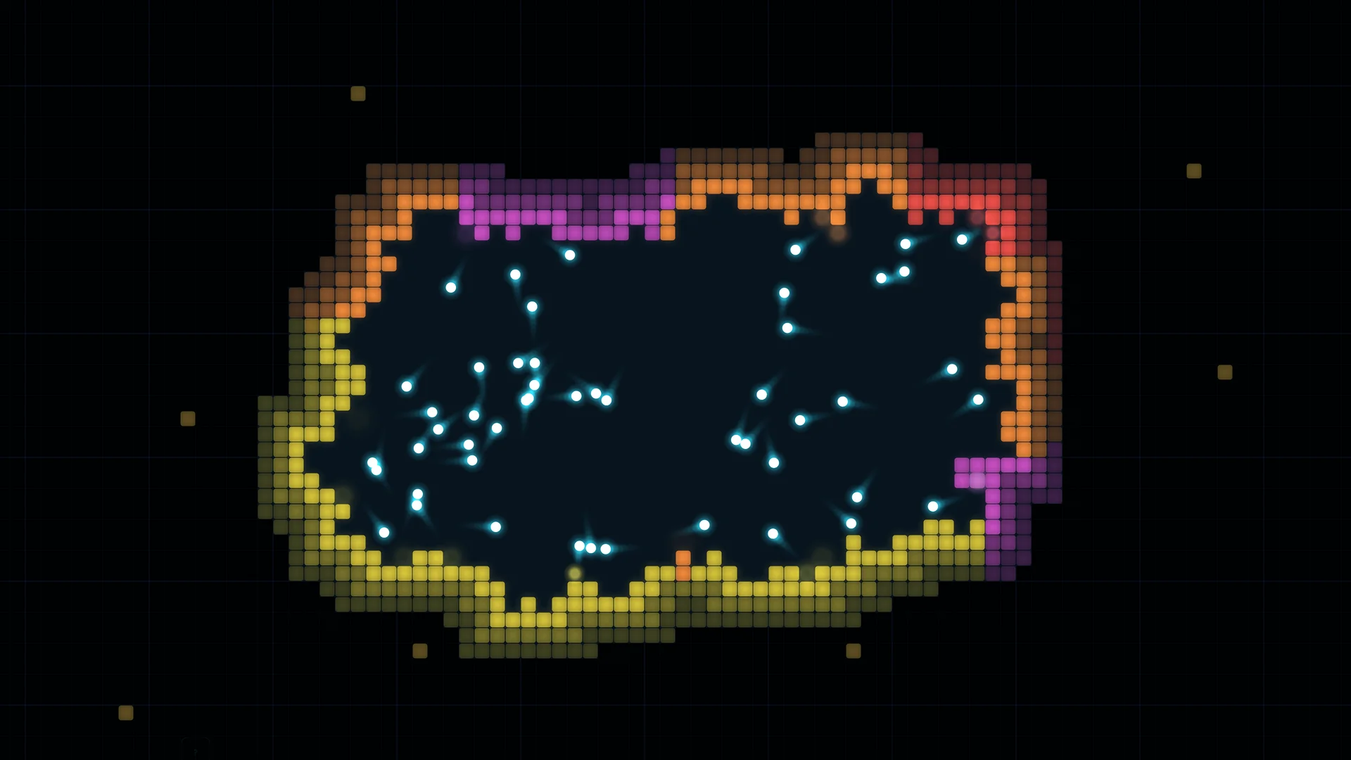A large arena framed by yellow, orange and pink tiles with a swarm of balls breaking through the edges