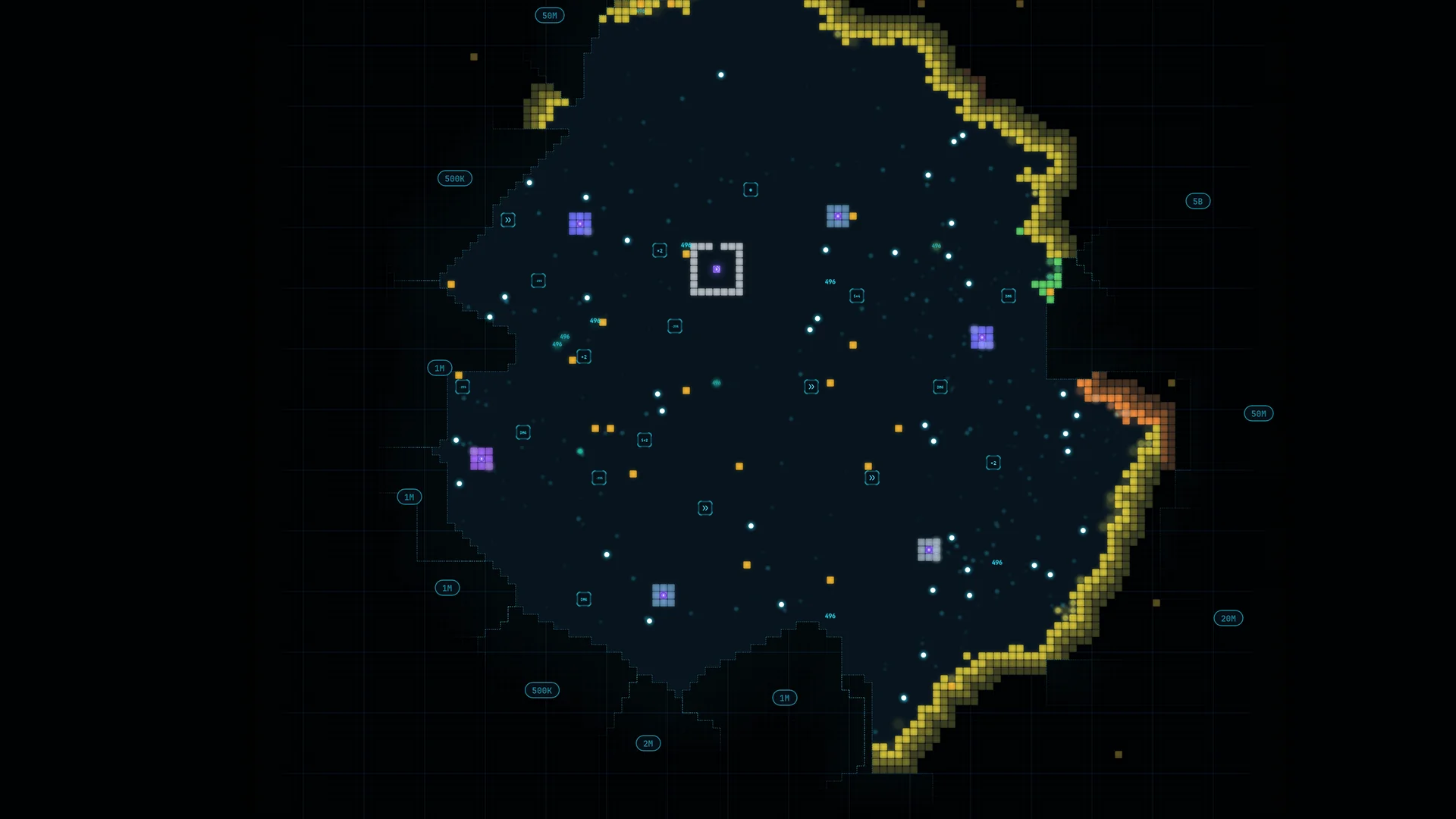 Zoomed-out overview of an explored map with hundreds of balls, upgrade tiles and unlocked regions