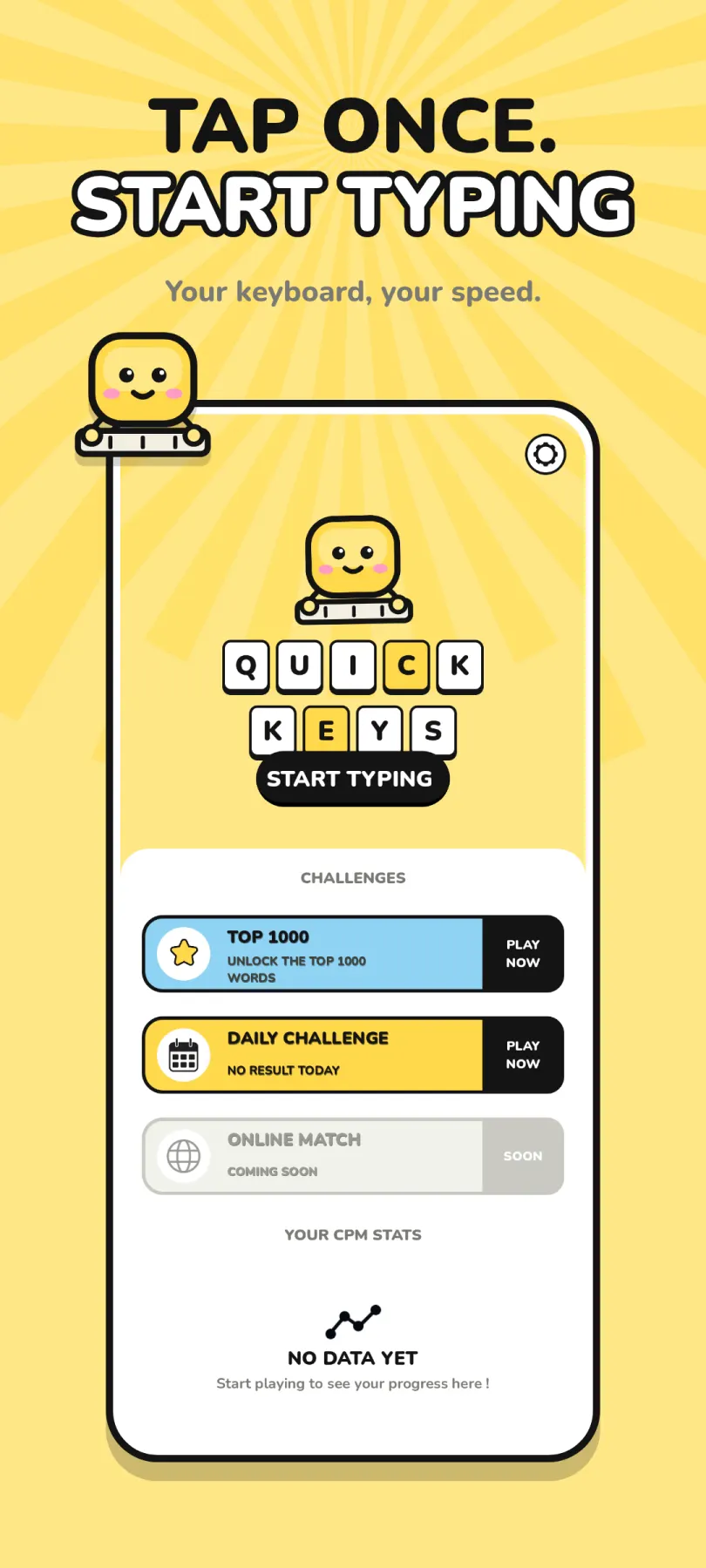 Home screen with the QUICK KEYS letter tiles, a Start Typing button, and the Challenges list (Top 1000, Daily Challenge, Online Match)
